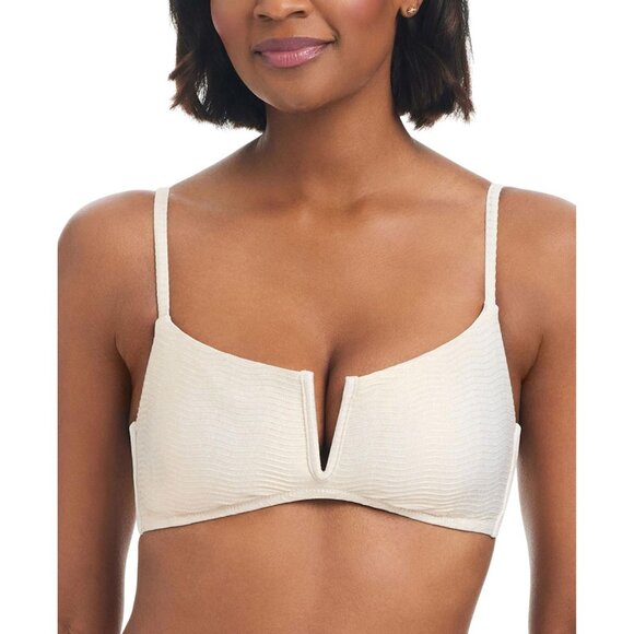 NWT Bar III Womens V-Wire Plunge-Neck Bralette Bikini Swim Top White Gold M - Picture 1 of 6